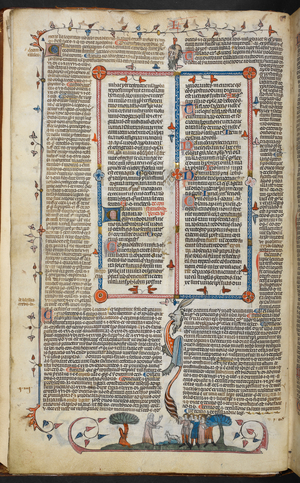 Bas-de-page scene of a woman, a lamb and a group of men