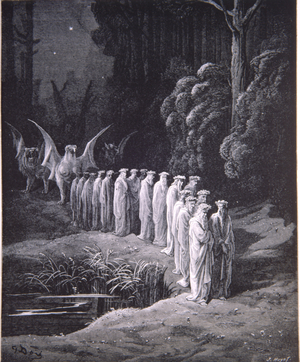 Dante's Purgatorio- Purgatory. Procession of the Elders. Engraving by Gustav Dore, 1868.