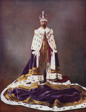 King George in coronation durbar robes and crown (colour photo)
