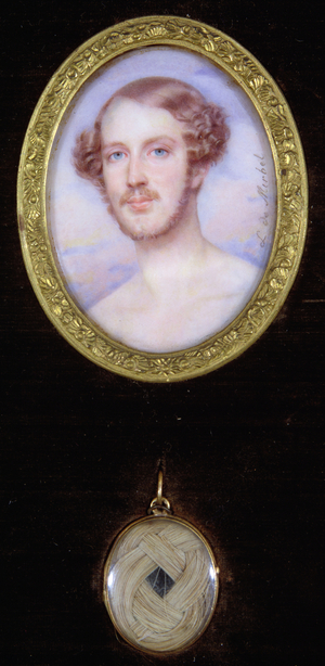 Portrait of Ferdinand, Duke of Orleans (1810-1842) and a locket containing a lock of his hair (watercolour on ivory)