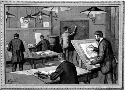 Ecole des Ponts-et-Chaussees, Paris. Students at their studies. Wood engraving, Paris, 1894