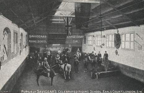 Savigear's riding school, Earl's Court, London (b/w photo)