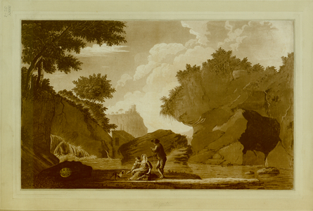 A man, a woman and a child rest by the Acque Segestane in the foreground, with a waterfall, cave, rocks and ruins in the background