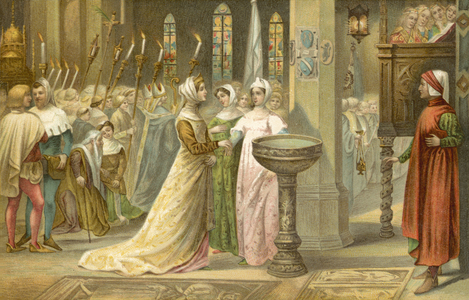 Beatrice and Dante in Santa Croce, Florence (colour litho)