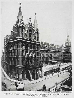 The magnificent frontage of St. Pancras, the Midland railway terminus in London. (Photograph by permission of the Midland railway.)
The Midland Grand Hotel, designed by George Gilbert Scott, opened in 1873. It is now know as the St. Pancras Renaissance London Hotel.
