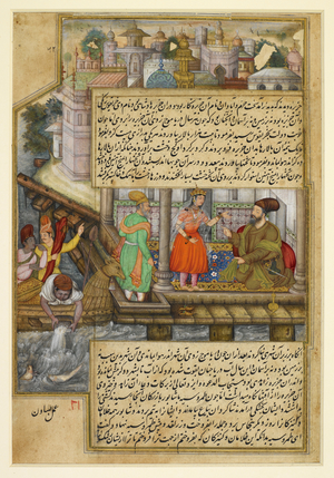 Shapur who helped Tahrusiyya search for Darab telling her that all the slaves have been sold. By Basawan.
