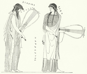 The Ancient Greek poet Alcaeus and his lover Sappho (engraving)