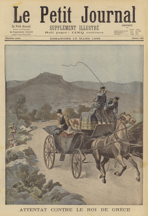 Assassination attempt on the King of Greece (colour litho)