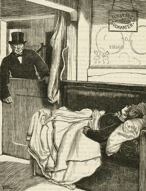 Woman lying in bed with rabies, while a doctor visits her. 19th century (engraving)