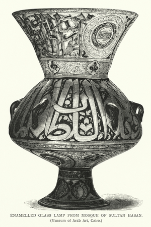 Enamelled glass lamp from Mosque of Sultan Hasan (engraving)
