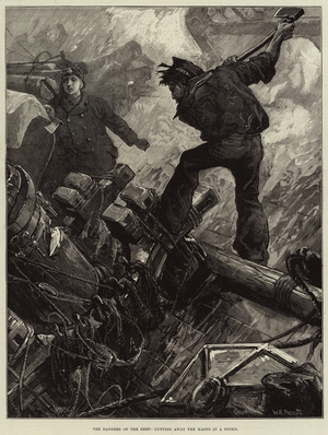 The Dangers of the Deep, cutting away the Masts in a Storm (engraving)