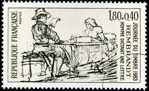 French stamp depicting a sketch by Rembrandt showing a woman writing a letter and a man reading a letter. 1983