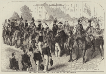 Her Majesty distributing the Victoria Cross, in Hyde Park (engraving)