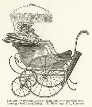 "Princess Louise" Mail-Cart with movable well forming a bed for reclining, by Hitchings, London (engraving)