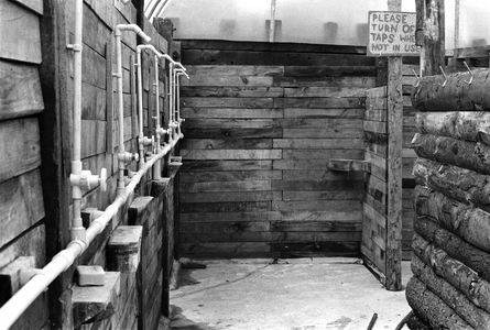 Glastonbury, Showers Interior, 1989 (b/w photo)