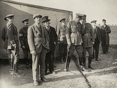 Mr. Asquith watching the return of a squadron of aeroplanes, Western Front, 1914-18 (b/w photo)