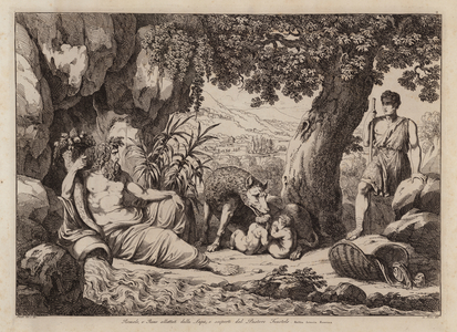 Romulus and Remus suckled by the she-wolf, and discovered by the shepherd Faustulus (etching)