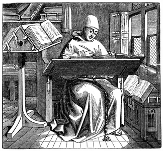 Monk at work on a manuscript in the corner of a scriptorium. 15th century (engraving after a manuscript)