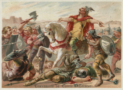 Conversion of Clovis I to Christianity at the Battle of Tolbiac, 496 (chromolitho)