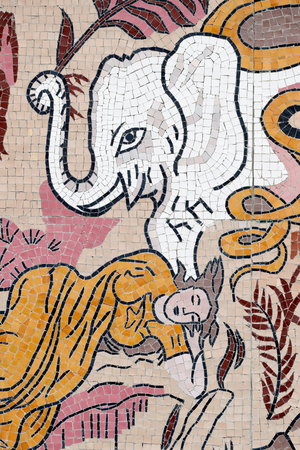 Ong Nui buddhist pagoda, Wall fresco, The life of the Buddha, Buddha’s Mother Maya dreams about the White Elephant entering her womb, Quy Nhon, Vietnam, 2019 (photo)