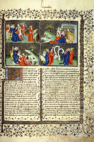 Miniature illustrating the Judgement of the Mothers, the Arrival of the Queen of Sheba, Solomon Teaching, and the Disputation of the Doctors, c.1410 (illuminated manuscript on vellum)
