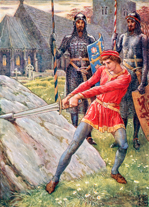 Arthur draws the sword from the stone (colour litho)