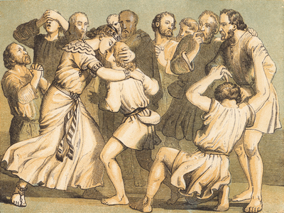 Joseph making himself known unto his Brethren (coloured engraving)