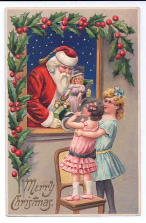 Edwardian Christmas postcard of Father Christmas showing a doll in a toy car to two young girls, c.1910 (colour litho)