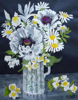 White Poppies, Marguerites and Philadelphus (gouache on hand made paper)