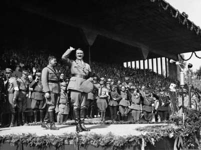 Adolf Hitler and Baldur von Schirach, at the Nuremberg Rally, 1935 (b/w photo)
