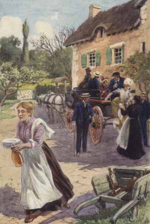 The mistress held out her hand to the two ladies (colour litho)
