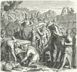 The burial of Alaric I, King of the Visigoths, in the bed of the River Busento, 410 (engraving)