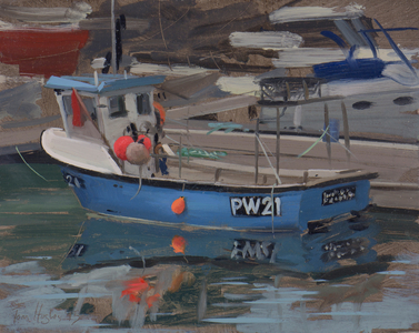 Blue boat with red flag, Padstow, January, 2015 (oil on board)