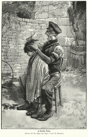 Barber untangling and cutting a boy's hair (litho)