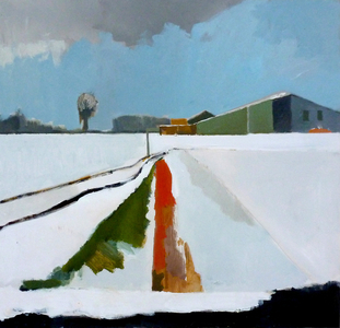 Barns in the Snow, Feltwell Anchor, The Fens, 2013 (acrylic on canvas)