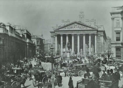 Buses at the Royal Exchange, London, 1908 (b/w photo)