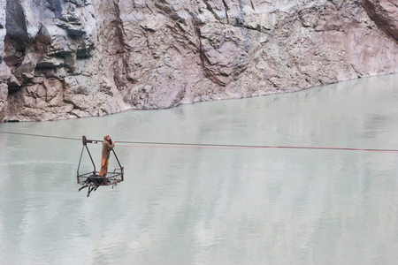 Man Crossing The Indus River On A Ropeway (photo)