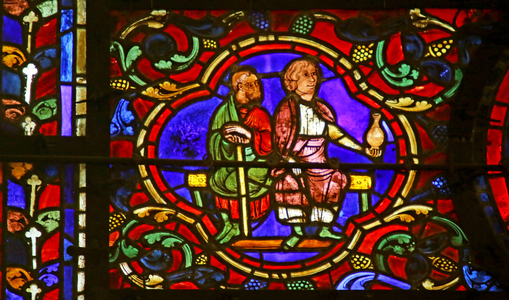 Onlookers, one holding a flask, scene from the 'Life of St. Martin', Chartres Cathedral (stained glass)