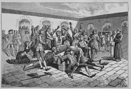 Les convulsionnaires au cimetiere Saint Medard sous Louis XV (Engraving)