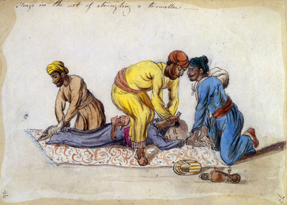 Thugs in the act of strangling a traveller, 1838 (drawing)