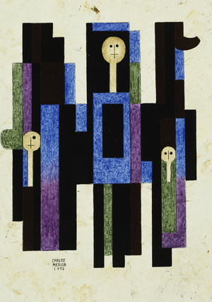 The Three Furies; Las Tres Erinias, 1976 (oil on incised heavy amate paper)