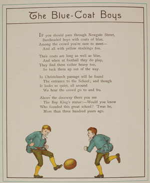The blue-coat boys. Two boys playing with a ball. Illustration from 'London town'.