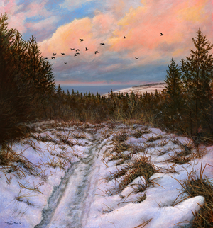 Birds flying high - winter sky, 2022 (acrylic)