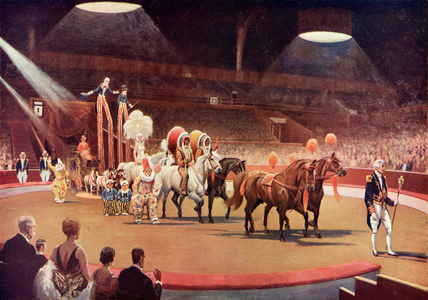 The Parade before the Performance, after the painting entitled Circus by Seago.  From The Illustrated London News, Christmas Number, 1933.