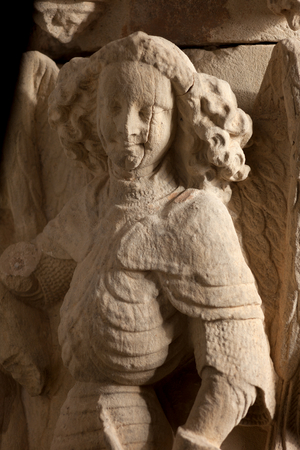 Museum Museu Comarcal de l'Urgell. A wayside cross Creu de terme. Sculpture. White stone. Originally of the church Carme de Tàrrega. Detail. 122x110x38,5cm. Museum ref MCUT 4417. 1424 - 1436.