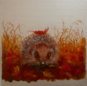 Hedgehog with Leaf, 2024 (oil on canvas)