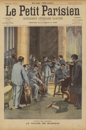 Music lesson in a school for the blind (colour litho)