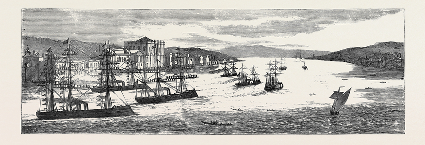 The War in the East, with the Turks: Sketches at Constantinople: Review of Transports and Ironclads Before the Palace of Dolma-Bagtché on the Occasion of the Expeditionary Force Leaving for Soukhoum Kalé