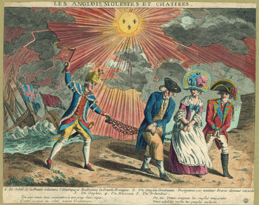 Les Anglois Molestes et Chatiees, pub. 1779 (hand coloured engraving)