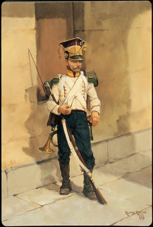 Hornist: Voltigeur Company, 16th Grand Duchy of Warsaw Infantry Regiment 1810, 1986 (oil on board)